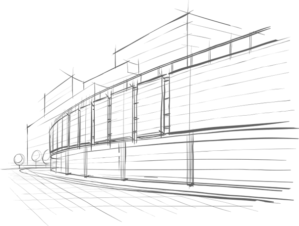 Image shows an architectural sketch of a building in the early conceptual stages