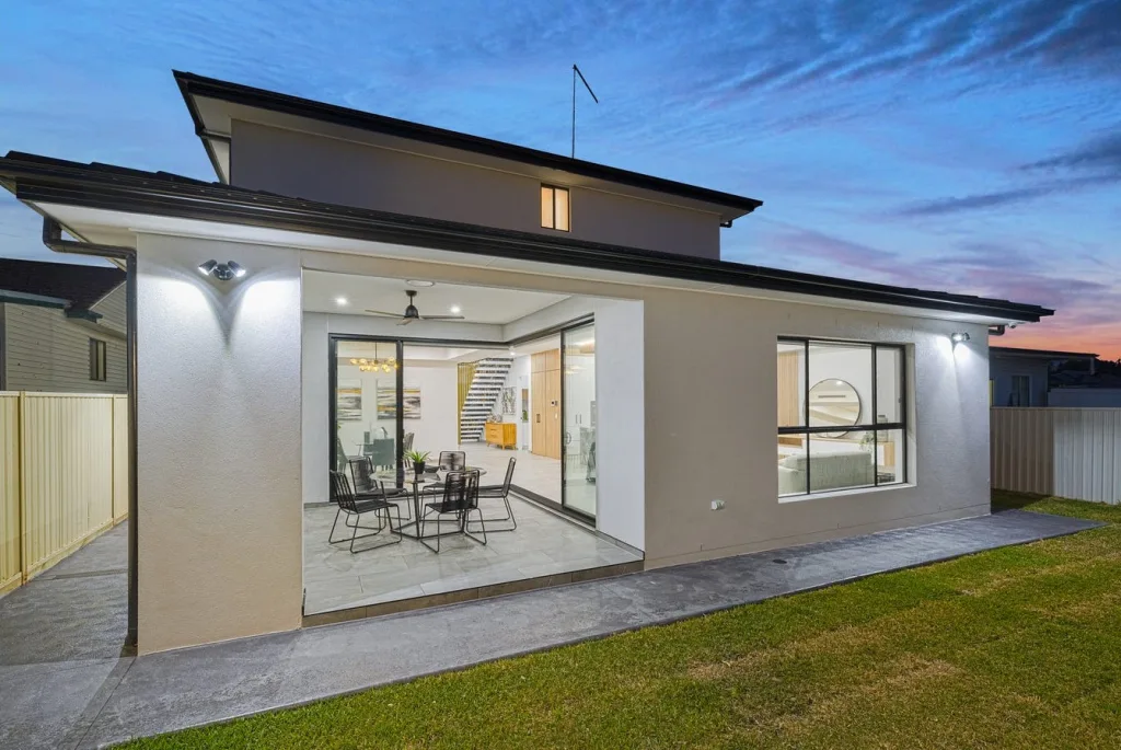Image shows the outdoor garden view of a home built by Sydney home builders Benelong Projects