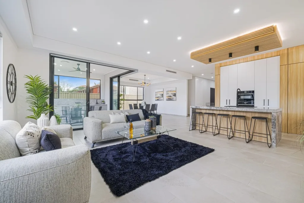 Image shows an open plan area in a home build by Benelong Projects Sydney home builders