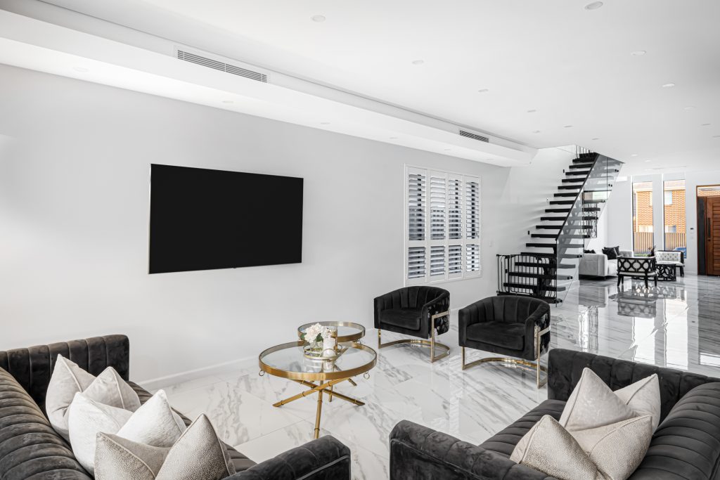 Image showing interior of a Benelong Projects home. Tiled marble floors, high end interior design