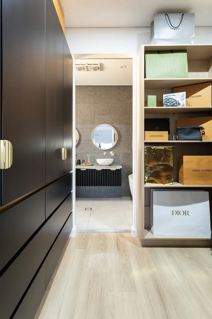Image shows a storage area with stylish high-end brands