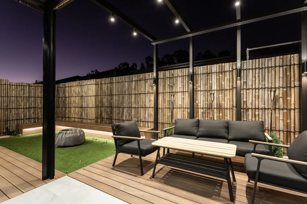 Image shows an outdoor living and entertainment area with a Tokyo / Japanese theme